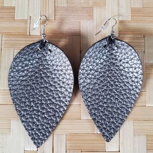 Handmade Faux Leather Leaf Earrings | Pewter Gray